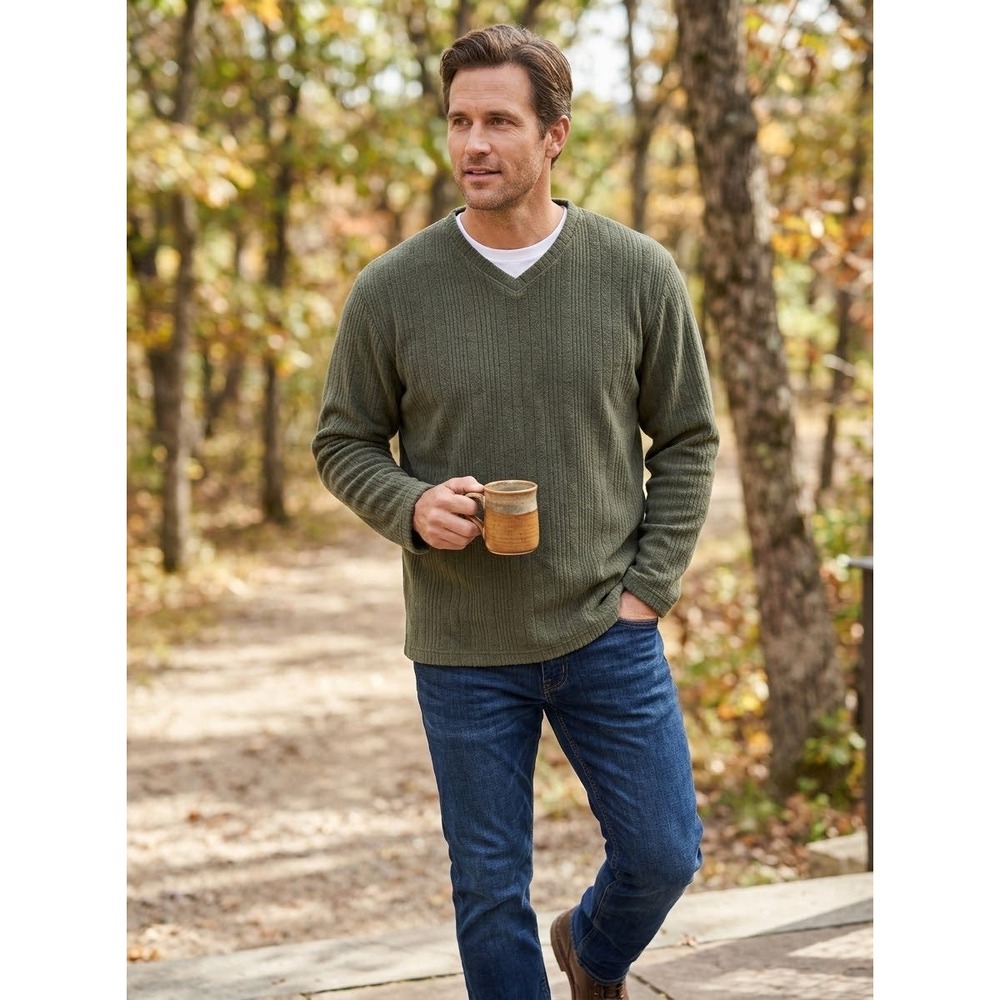 Ribbed V-Neck Axcess Green Polyester Rayon Pullover Sweater Size XL Extra Large